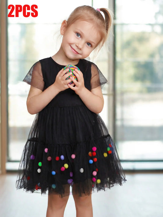 2 Piece Girls Clothes Set Colorful Hairball Mesh Dress