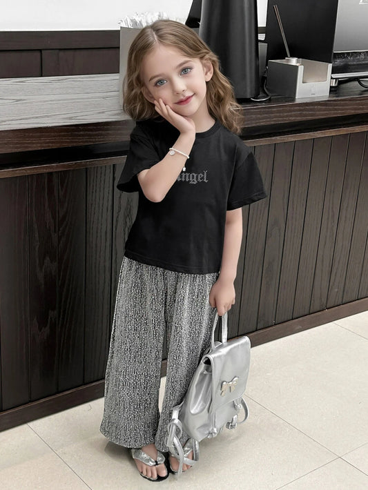 2 Piece Summer Girls Clothes Set, Glitter Wings Short Sleeve T-Shirt And Glitter Wide Leg Pants Child Costume For 3-10 Yeas