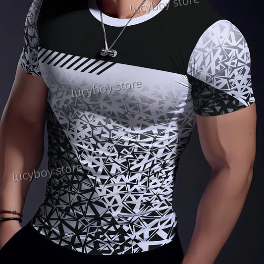 2025 Mens Gym T Shirt Geometric Color Blocks Printing Sports Gym Short Sleeve Tees Quick Drying Running Men Oversized Clothing